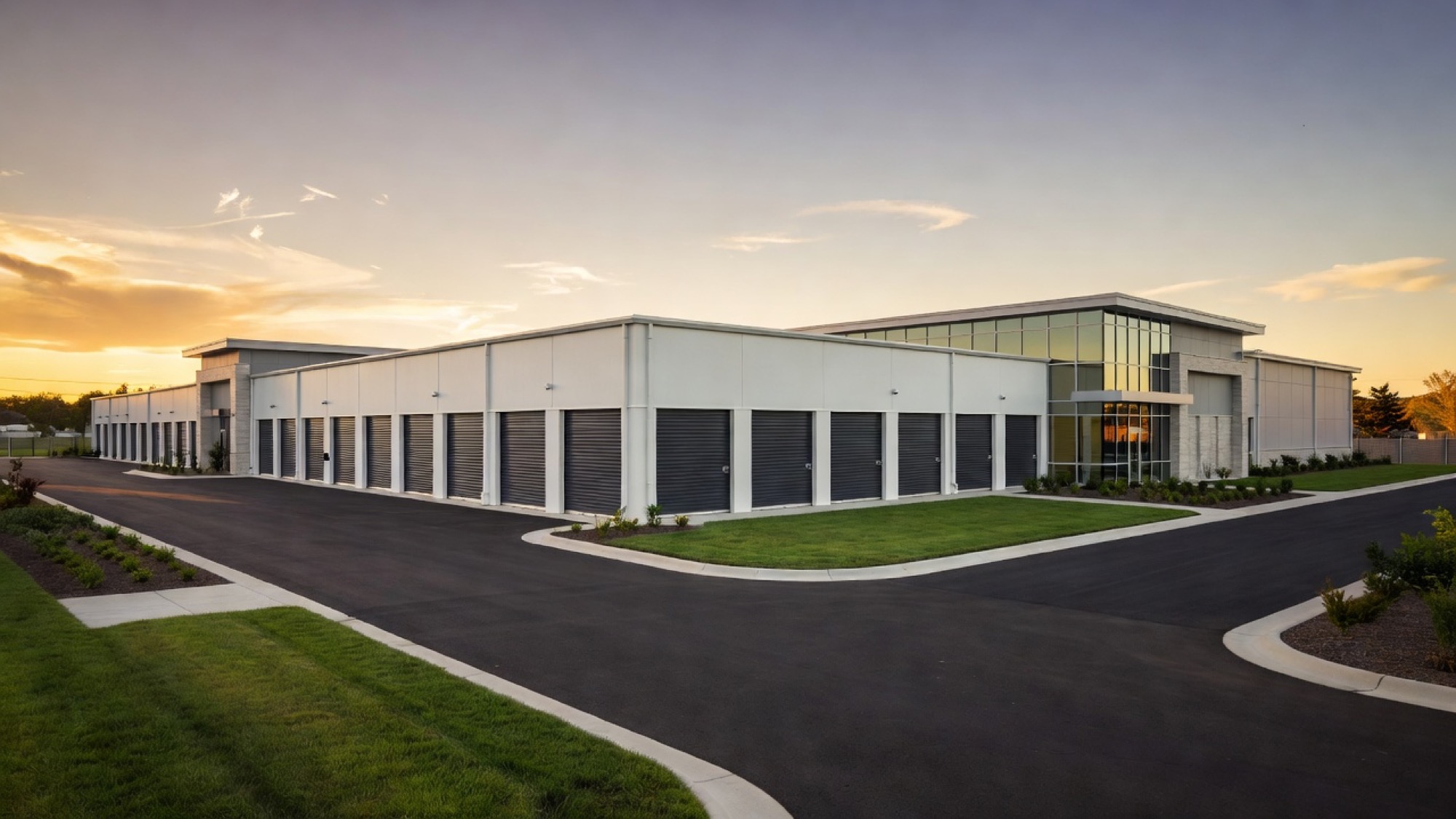 Photoreal self-storage facility campus exterior